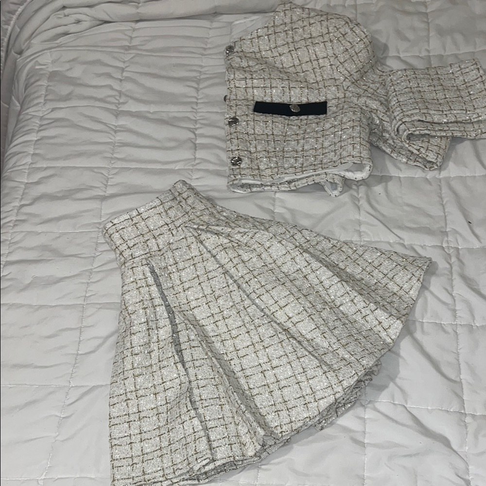 White and Gold Mini A-Line Cocktail Dress with Pleats